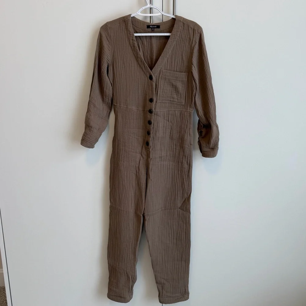 Madewell Brown Gauze Button Front Romper Jumpsuit XXS Neutral Boho 100% Cotton